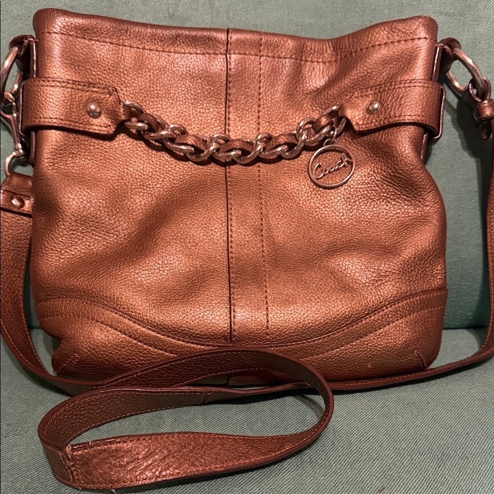Coach Brown Pebbled Leather Shoulder Bag with Chain Trim